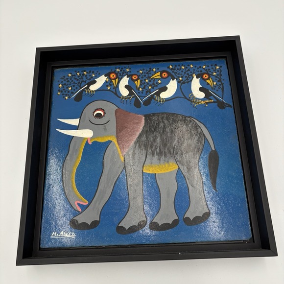 M. Awazi Oil Tingatinga Elephant‎ And Birds Painting On Masonite Signed 12"x12" - Picture 3 of 6